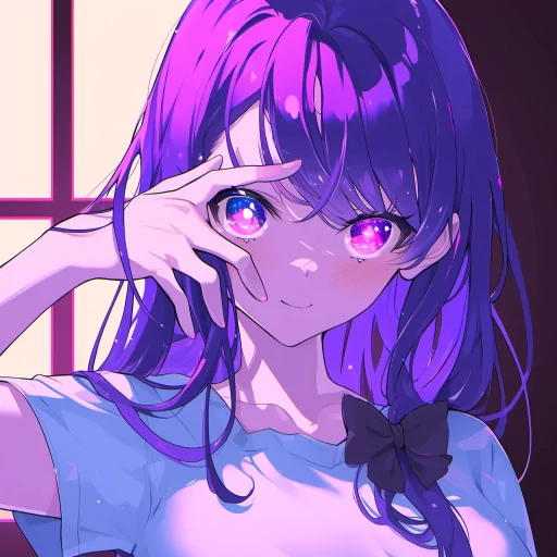 AI Hoshino anime style avatar with purple hair and sparkling pink eyes for a profile picture.