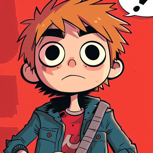 Scott Pilgrim cartoon avatar with red background for profile picture.