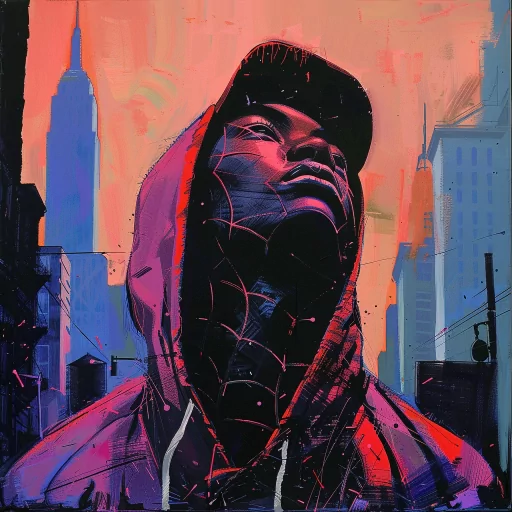 Stylized profile picture of Miles Morales with a cityscape background, featuring vibrant pink and blue tones with a prominent depiction of the Empire State Building.