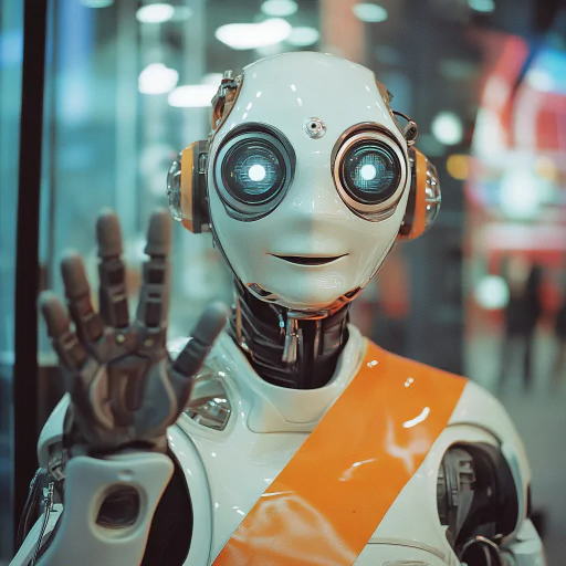 A friendly robot with large eyes and a smiling face, waving hello, wearing an orange accent on its white body.