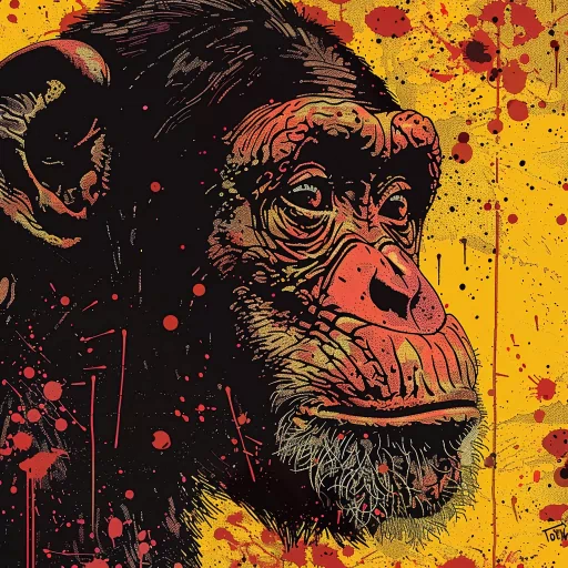 Artistic monkey profile picture with vibrant yellow and red splatter background.