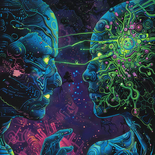 Two intricately detailed, neon-colored alien figures facing each other, appearing to engage in mind control, set against a sci-fi themed cosmic background.