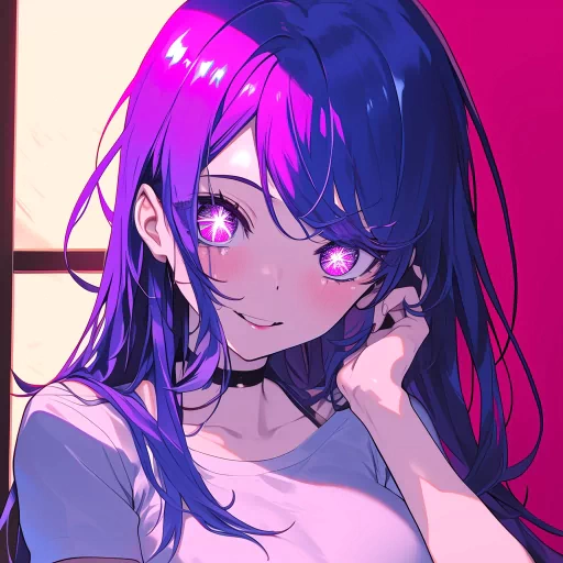 AI-generated avatar of a character with vibrant blue hair and striking purple eyes, suitable for use as a profile picture or icon.