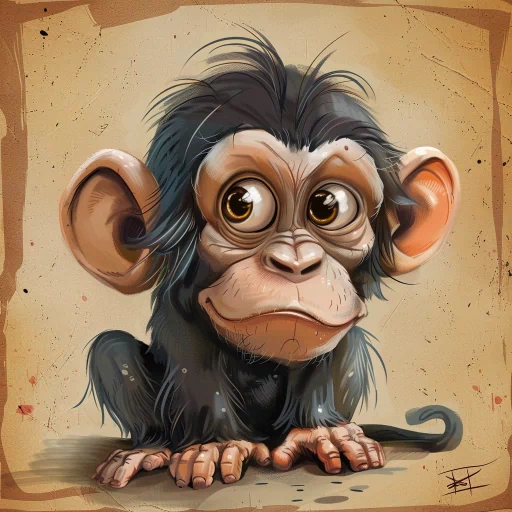 Cartoon monkey avatar with expressive eyes and a curious expression on a beige background, ideal for profile photo.