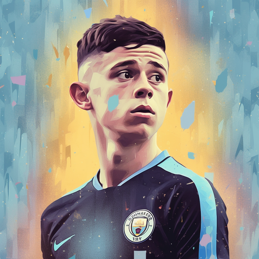 Phil Foden wearing a blue soccer jersey, looking determined.
