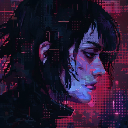 Pixelated grunge style avatar featuring a digital portrait of a person with a moody expression against a glitchy red and purple background.