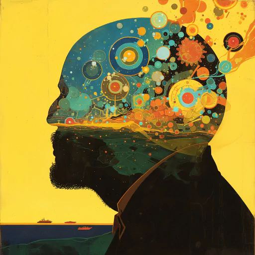 Silhouette of a man with a colorful, abstract depiction of creativity and imagination inside his head, set against a vibrant yellow background.