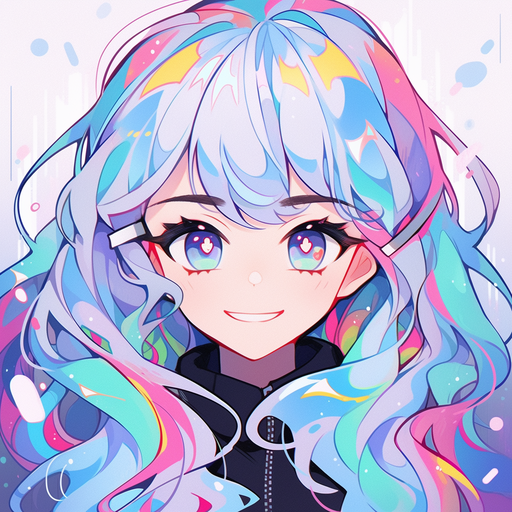 Futuristic and cheerful anime character with a vibrant smile.