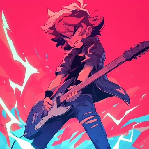 Animated profile picture featuring a character in the style of Scott Pilgrim playing an electric guitar with a dynamic red and blue background.