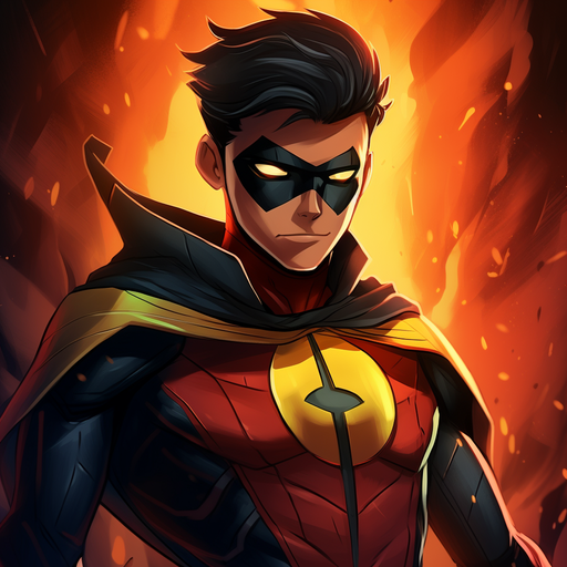 Animated Robin character wearing superhero costume with a serious expression.