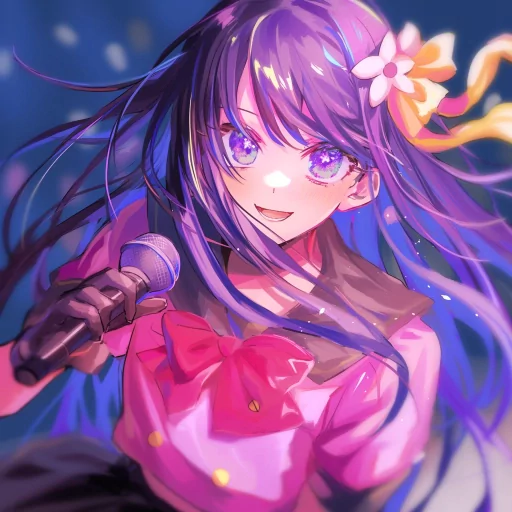 AI Hoshino anime-style avatar with a vibrant smile holding a microphone, blue hair flowing, and adorned with a flower, perfect for a profile photo.