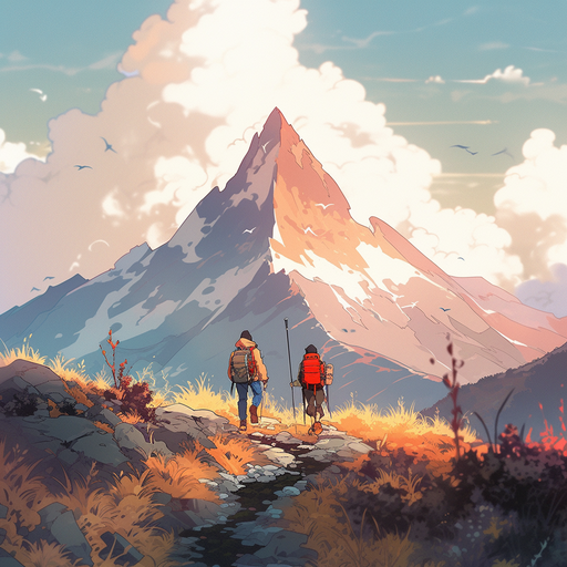 A serene anime-inspired landscape with vibrant colors, showcasing people trekking through majestic mountains.
