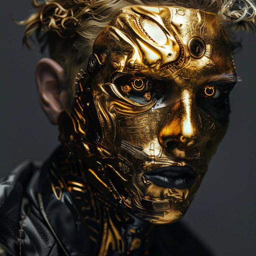 A futuristic profile picture of a man with a detailed golden face, featuring intricate mechanical designs and glowing elements.