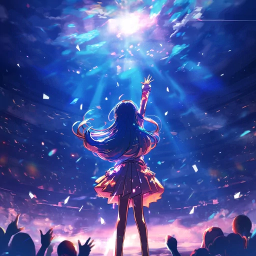 AI Hoshino anime character profile picture with an energizing concert backdrop, highlighting a vibrant audience and a luminous stage setting.