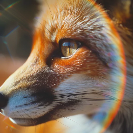 Close-up of a fox's face, focusing on its intense, bright eye with soft fur and colorful light reflections.