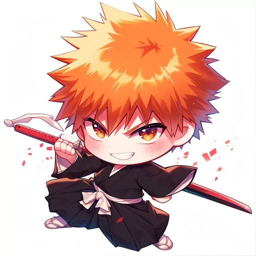 Chibi Ichigo anime avatar with orange hair and sword in a dynamic pose for a profile photo.