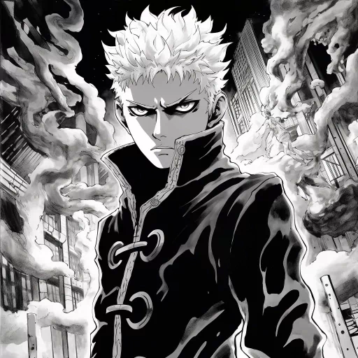 Manga-style avatar of a male character with white hair, intense gaze, wearing a dark outfit, set against a dramatic backdrop with swirling smoke.