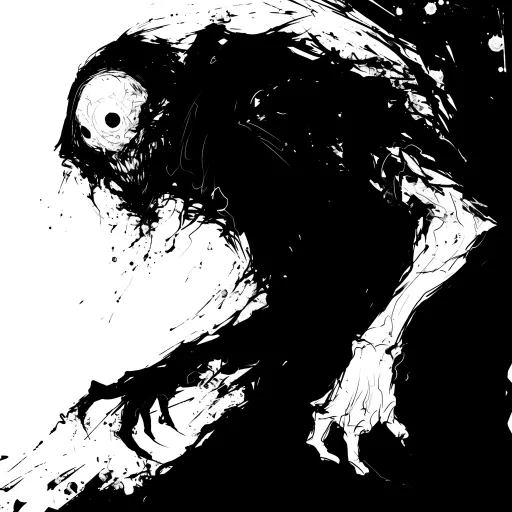 Abstract black and white avatar with dark and eerie themes, featuring a silhouetted figure with a prominent eye, suitable for a profile photo or PFP with a mysterious or gothic vibe.