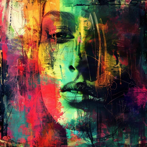 Colorful grunge style avatar with abstract art overlay featuring a woman's face for use as a profile picture or personal branding image.