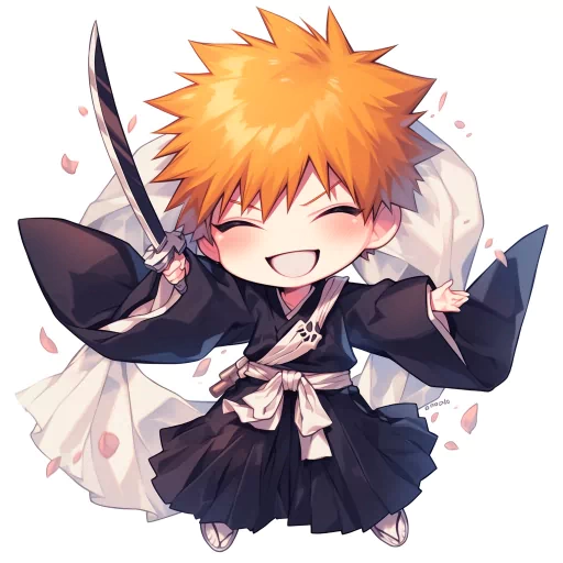 Chibi-style avatar of a smiling anime character with spiky orange hair, wielding a sword, wearing a black kimono with sakura petals floating around.