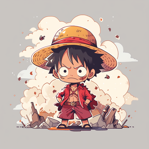 Cheerful chibi version of Luffy from One Piece, wearing a yellow straw hat and a determined expression.