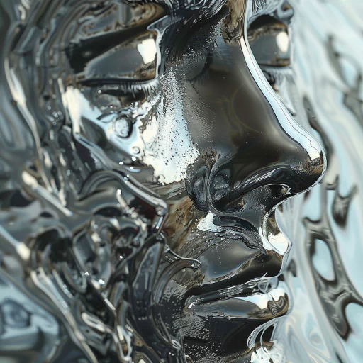 A digital artwork of a silver face with a smooth, reflective surface and intricate abstract details.