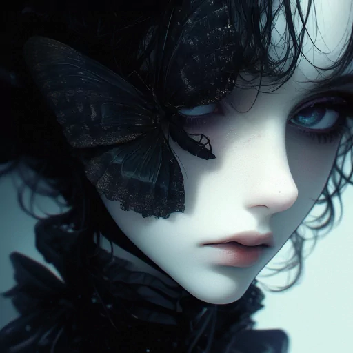 Gothic-themed avatar with a dark-haired figure adorned with a black butterfly, showcasing a mysterious and ethereal appearance for a profile photo.