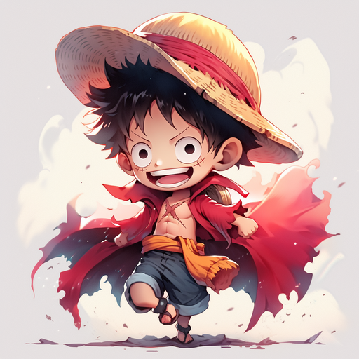 A cute chibi-style anime character of Luffy from One Piece, with a colorful backdrop.