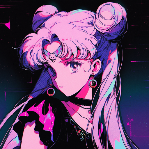 Sailor Moon-inspired aesthetic artwork in 90s anime style with a blacklight effect.