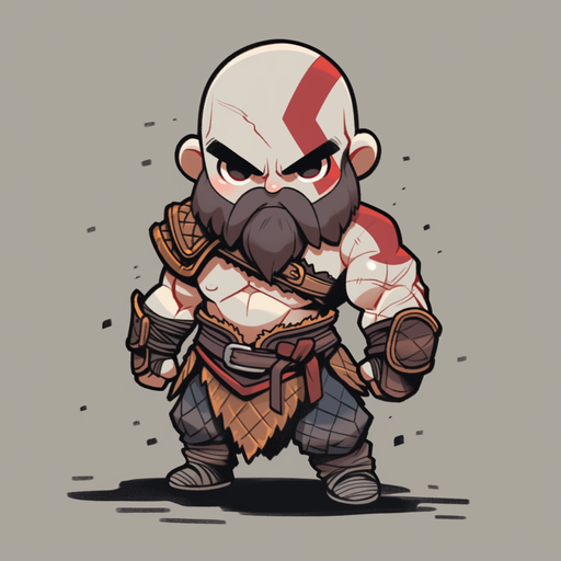 Chibi Kratos in anime style with vibrant colors.