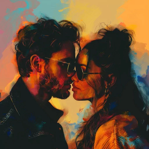 Stylish couple avatar with vibrant colors, featuring a man and woman in sunglasses about to kiss.