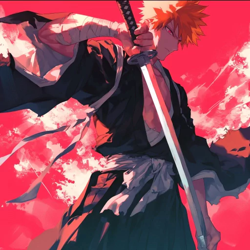 Ichigo profile picture featuring a dynamic anime character wielding a sword with a vibrant red and pink background.