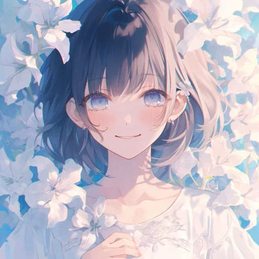 Anime-style avatar with a smiling girl surrounded by flowers for a profile photo.