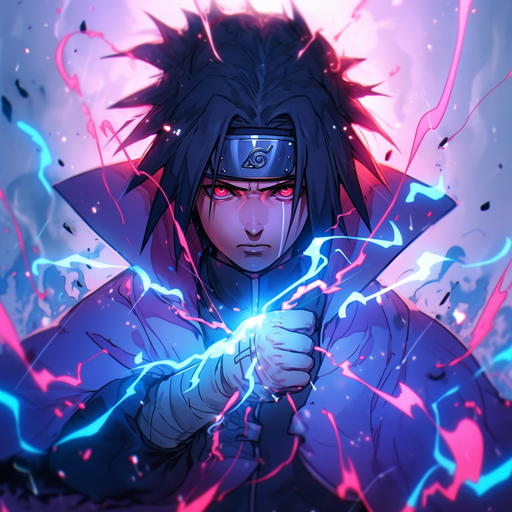 Sasuke Uchiha with lightning in hand, in 90's anime style pfp.