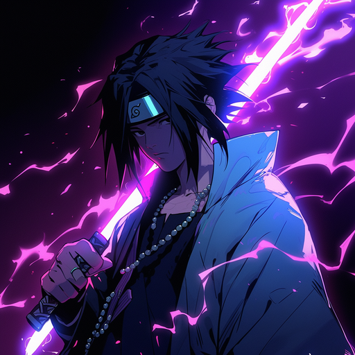 Sasuke Uchiha conjuring lightning in a 90's anime style.