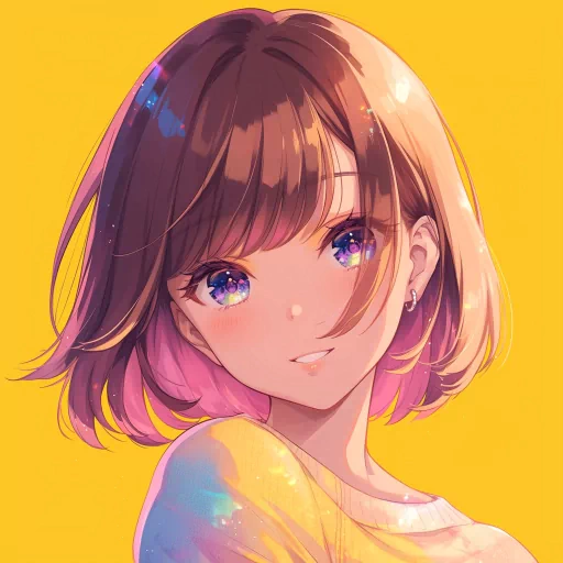 Anime style smiling girl avatar with sparkling eyes against a yellow background.