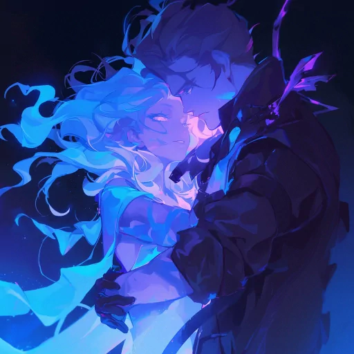 Romantic couple avatar with an illustrated man and woman in a close embrace, surrounded by a luminous blue aura, perfect for social media profiles.