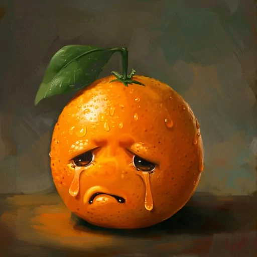 Illustration of a sad, crying orange character avatar with a single leaf on top, set against a warm, textured background.