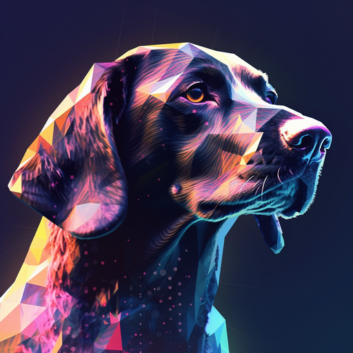 Glitched digital artwork of a dog with vibrant colors and distorted features.