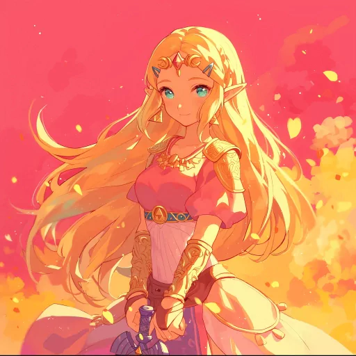 Illustration of Princess Zelda avatar with golden hair and blue eyes, against a vibrant orange background for a profile picture.