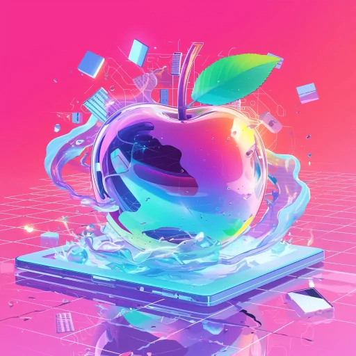 Stylized digital apple avatar with dynamic water splash effect on a neon pink and blue gradient background for a creative profile photo.
