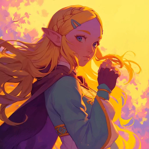 Artistic Princess Zelda avatar with a vibrant yellow background, depicting the iconic character with flowing blonde hair and pointed elf ears, suitable for a profile photo or PFP.
