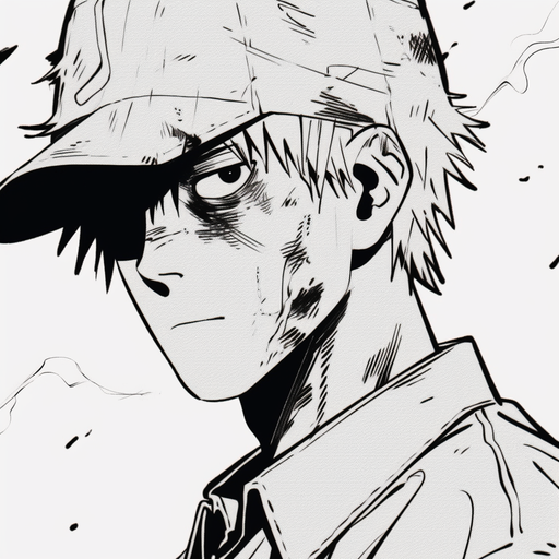 Denji, the protagonist of Chainsaw Man manga, depicted in black and white with a chainsaw element.