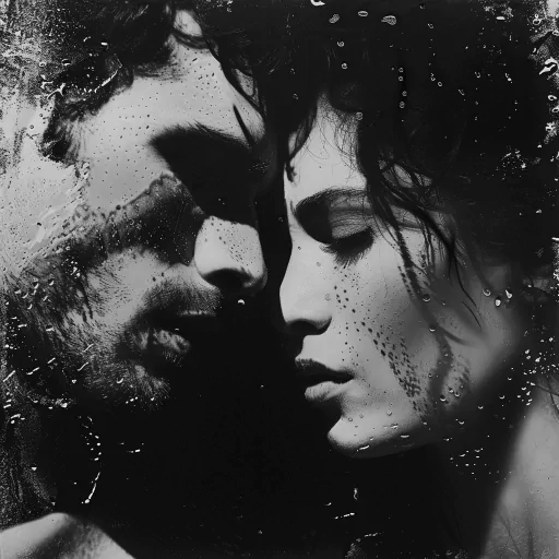 Romantic couple profile picture with close-up of man and woman in black and white, with water droplets effect.