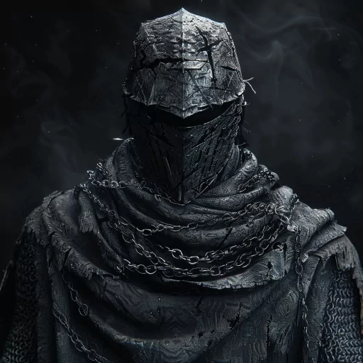 Mysterious dark knight profile picture with a helmet and chainmail, surrounded by misty smoke.