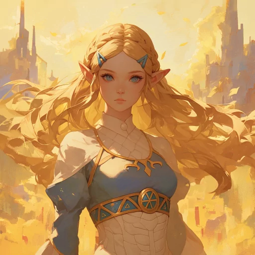 Illustration of Princess Zelda avatar with flowing golden hair and regal attire set against a soft, golden-hued fantasy backdrop, perfect for a profile photo.