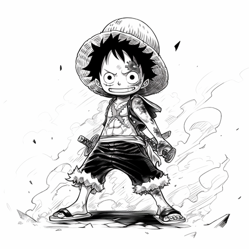 Hand-drawn portrait of Luffy from One Piece manga in black and white.