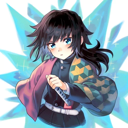 Anime inspired avatar featuring a character with dark hair and traditional clothing against a dynamic blue background.