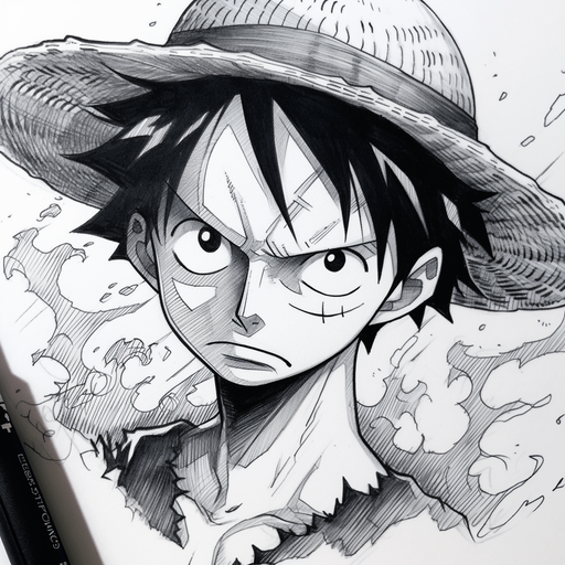 Black and white manga-style portrait of Luffy from One Piece manga series.