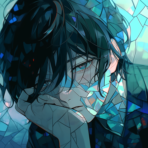 Lonely adult anime character in a nostalgic glass mosaic artwork